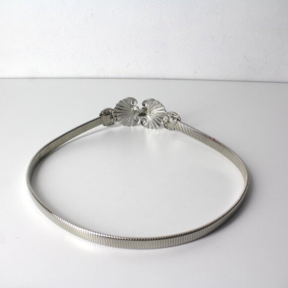 Vtg Mimi Di N 1986 Georgian Shell buckle waist stretch belt silver-tone 28" S M - Picture 4 of 11